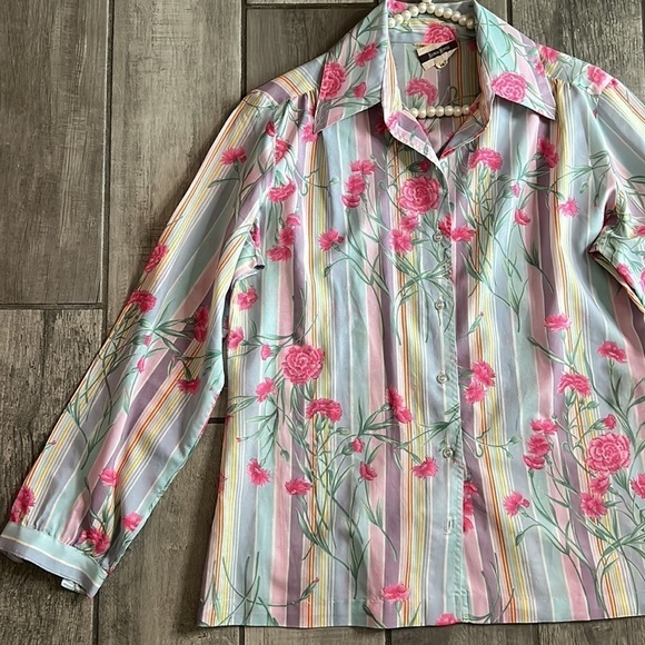 Vintage Neiman Marcus pastel stripe floral bouquet button-down cotton shirt - Picture 2 of 6